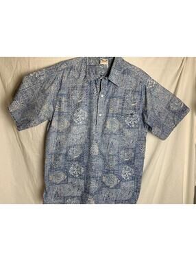 Go Barefoot Mens Large Short Sleeve Tiki, Fish Hawaiian Aloha Shirt Blue